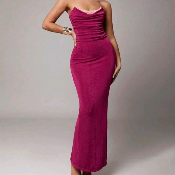 Women's Elegant Ruching Design Purple Glossy Stretch Knit Party Dress,Sexy - Picture 1 of 4